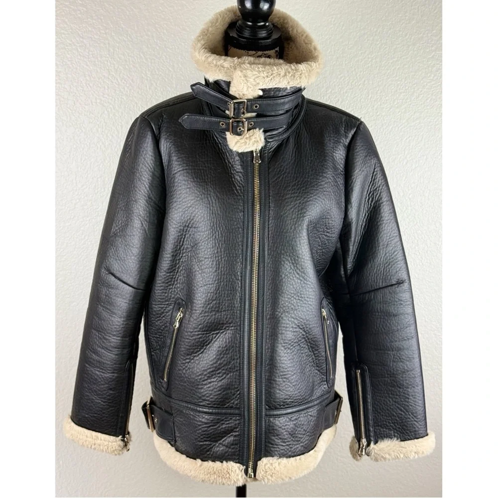 Zara Black Faux Leather Shearling Lined Aviator Jacket - Picture 3 of 12